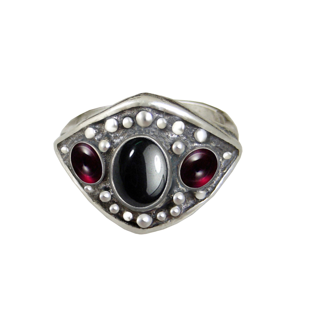 Sterling Silver Medieval Lady's Ring with Hematite And Garnet Size 8